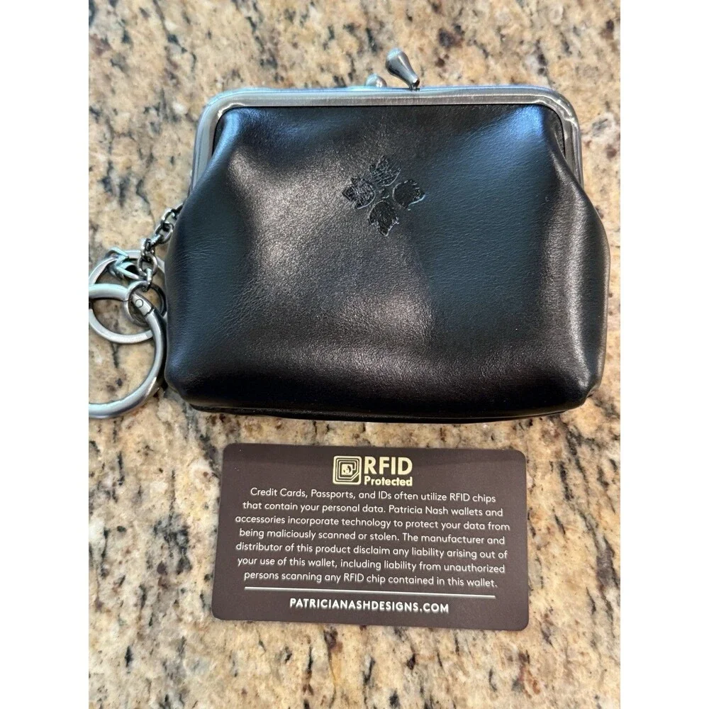 Patricia Nash Borse Black Leather Kisslock Coin Purse Pouch RFID